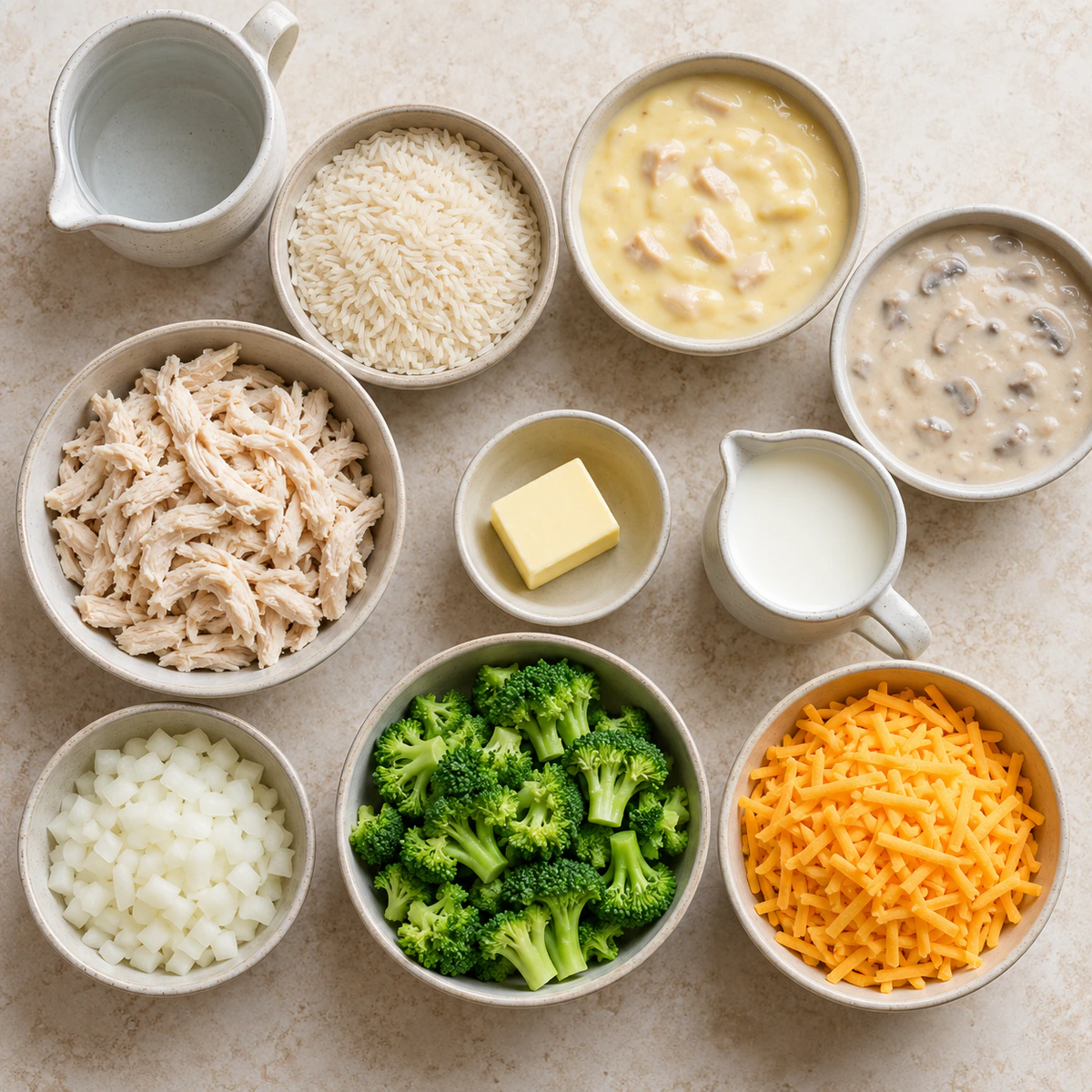 Exact measured ingredients for Broccoli, Rice, Cheese, and Chicken Casserole