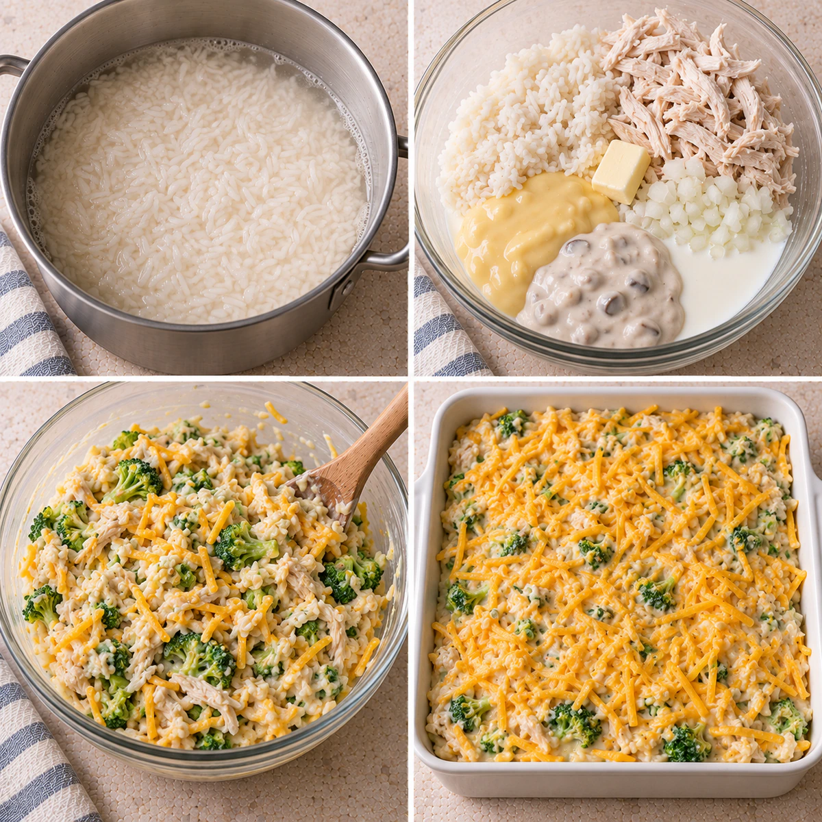 Four chronological preparation stages for Broccoli, Rice, Cheese, and Chicken Casserole