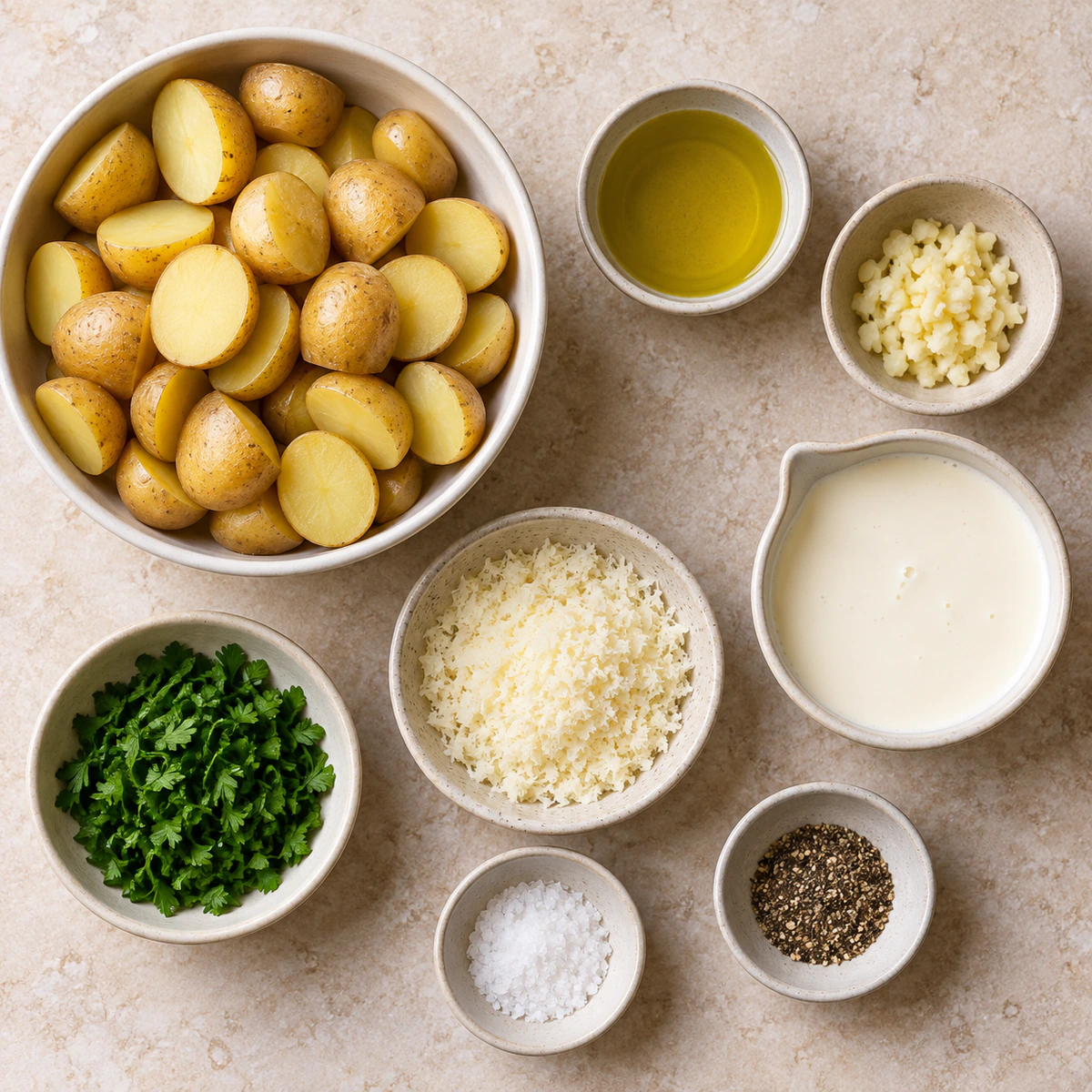 Exact measured ingredients for Creamy Garlic Sauce Baby Potatoes