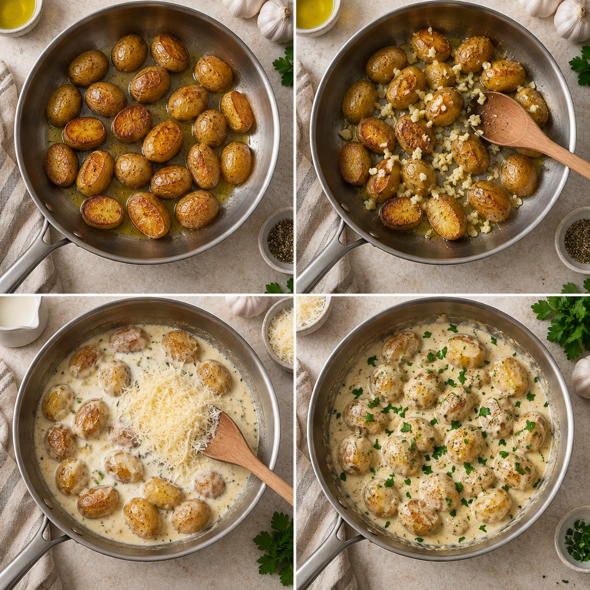 Four chronological preparation stages for Creamy Garlic Sauce Baby Potatoes