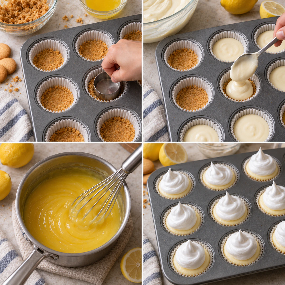 Four chronological preparation stages for Mini Lemon Meringue Cheesecakes