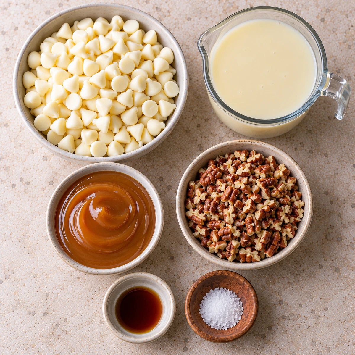 Exact measured ingredients for White Chocolate Caramel Pecan Fudge