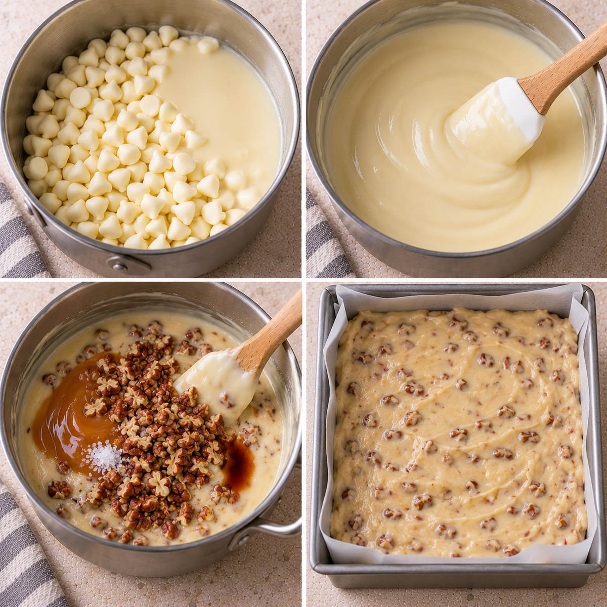 Four chronological preparation stages for White Chocolate Caramel Pecan Fudge