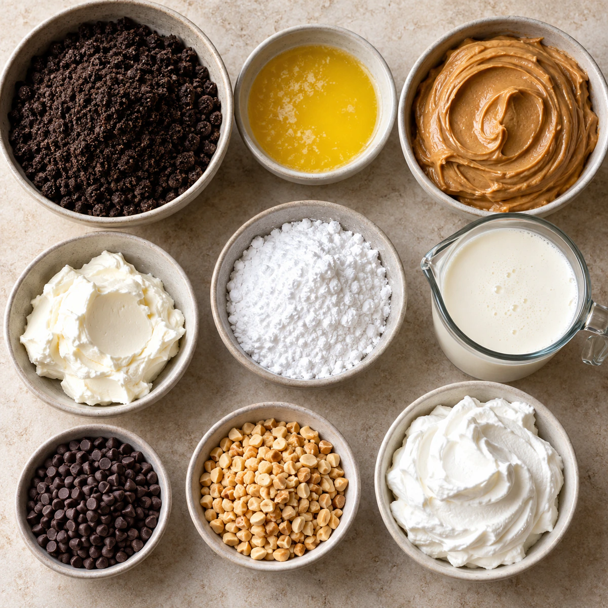 Exact measured ingredients for Chocolate Chip Peanut Butter Pie