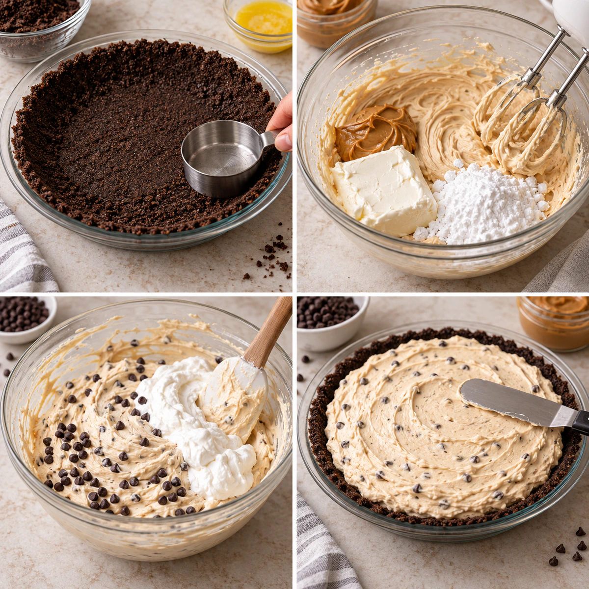 Four chronological preparation stages for Chocolate Chip Peanut Butter Pie