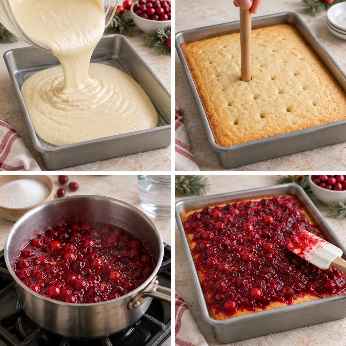 Four chronological preparation stages for Christmas Cranberry Poke Cake