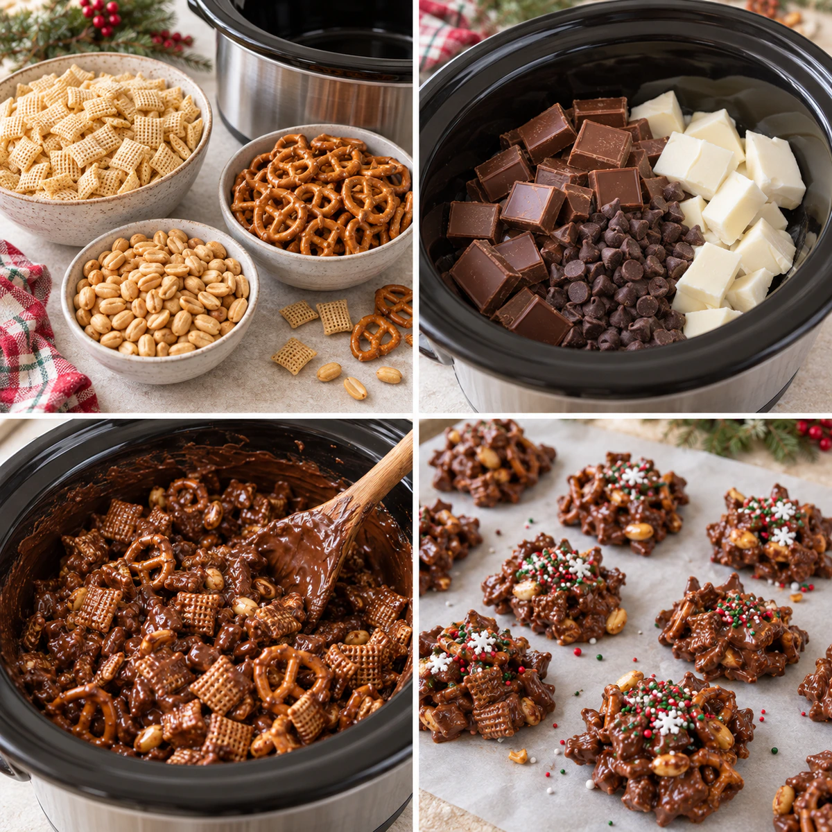 Four chronological preparation stages for Crockpot Christmas Crack