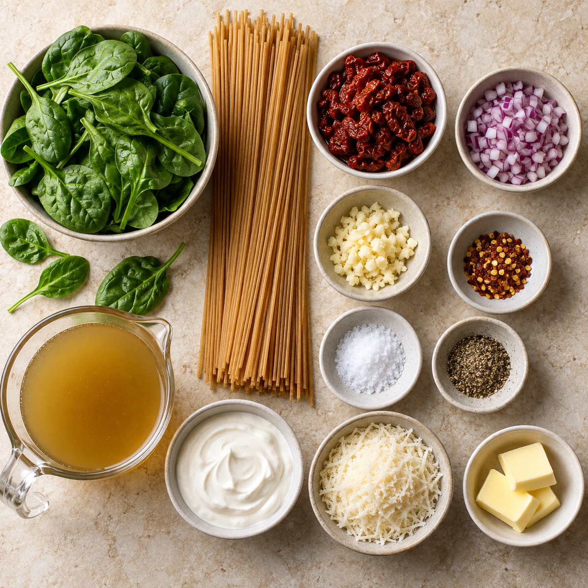 Exact measured ingredients for Spaghetti with Spinach & Sun-Dried Tomato Cream Sauce