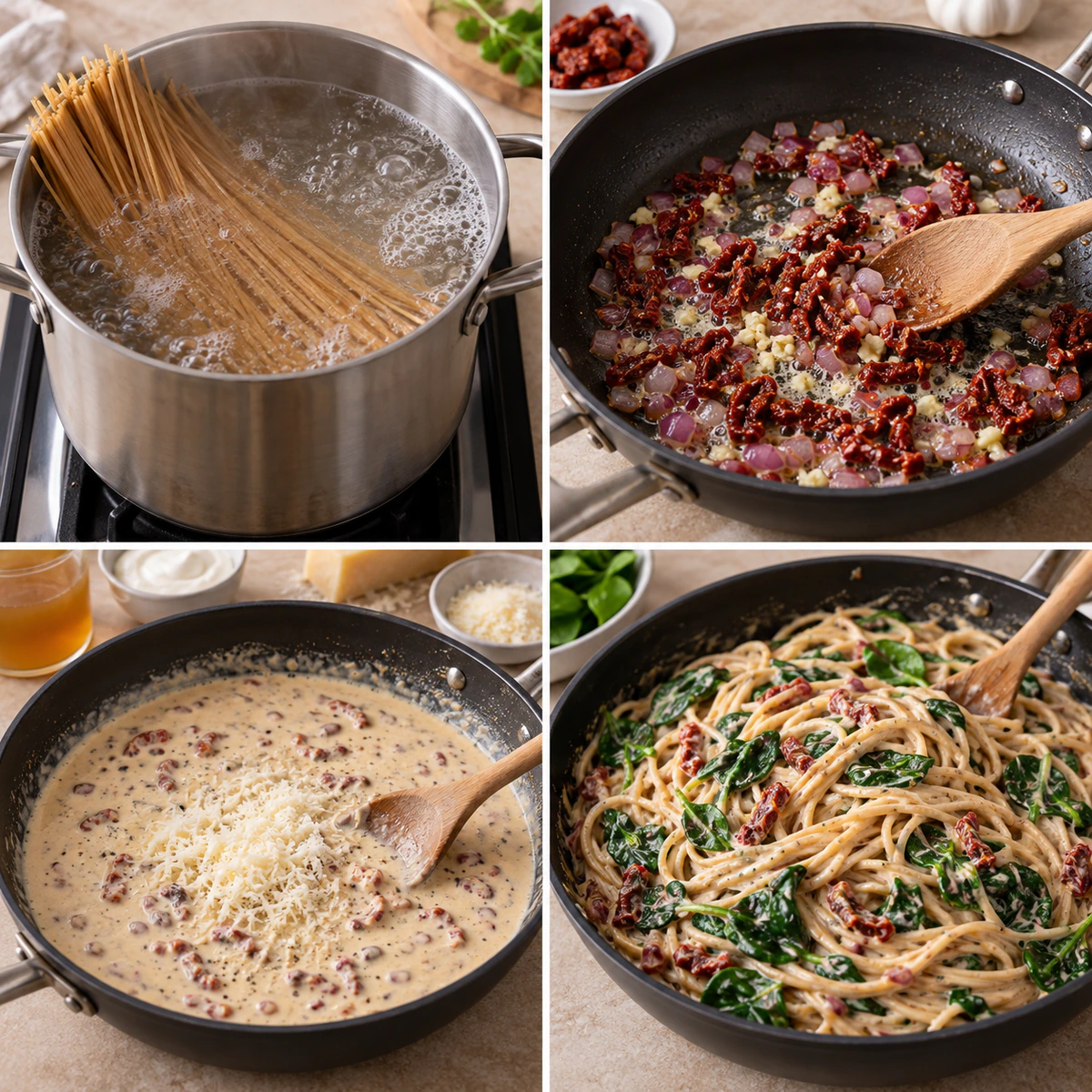 Four chronological preparation stages for Spaghetti with Spinach & Sun-Dried Tomato Cream Sauce