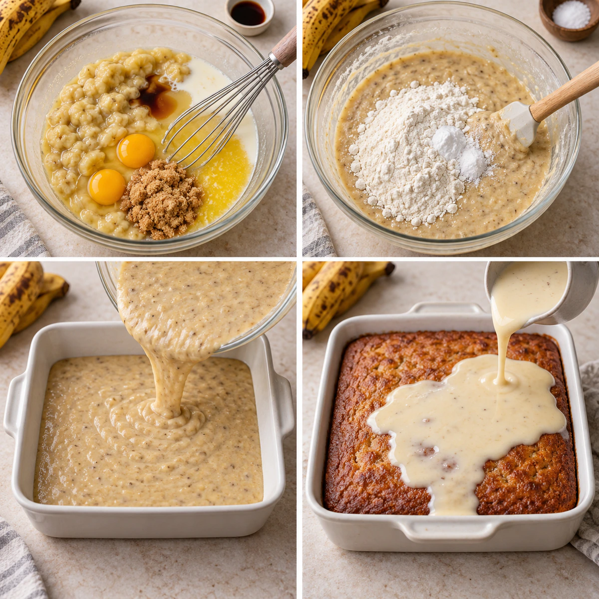 Four chronological preparation stages for Delicious Banana Malva Pudding