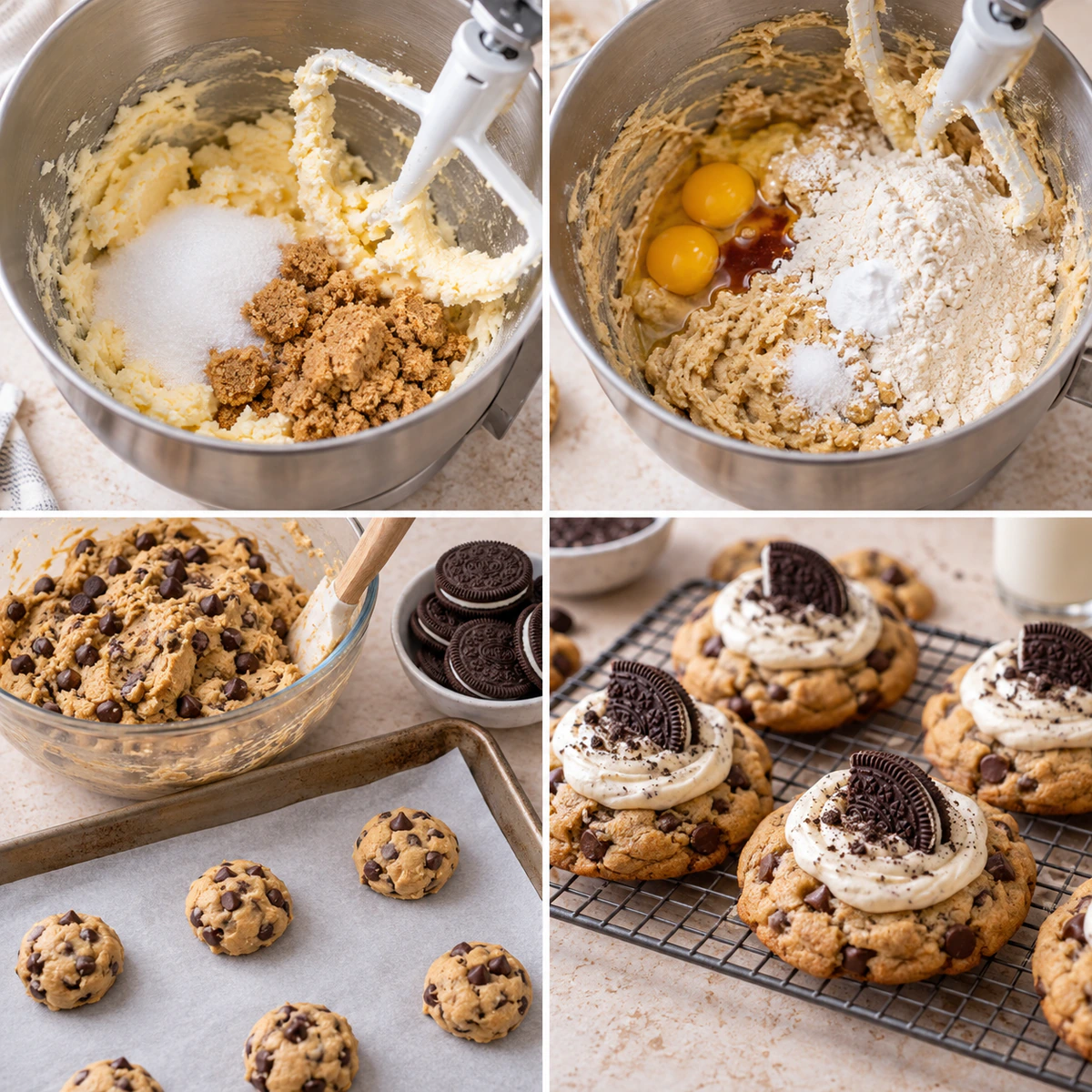 Four chronological preparation stages for Choco-Cream Dream Cookies