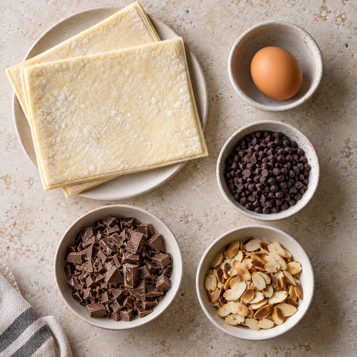 Exact measured ingredients for Chocolate Almond Puff Pastry Pretzel Hearts