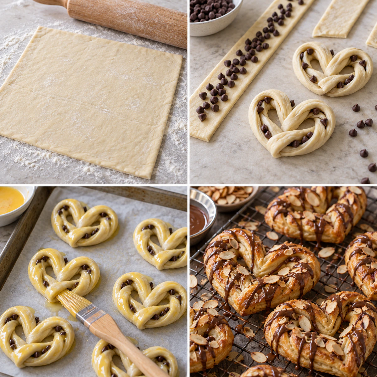 Four chronological preparation stages for Chocolate Almond Puff Pastry Pretzel Hearts