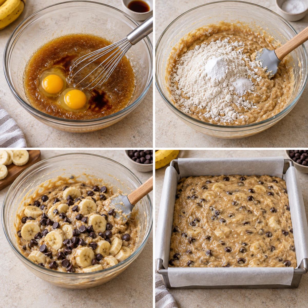 Four chronological preparation stages for Decadent Banana Chocolate Chip Bars