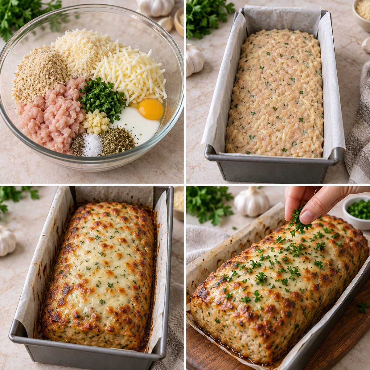 Four chronological preparation stages for Garlic Parmesan Chicken Meatloaf