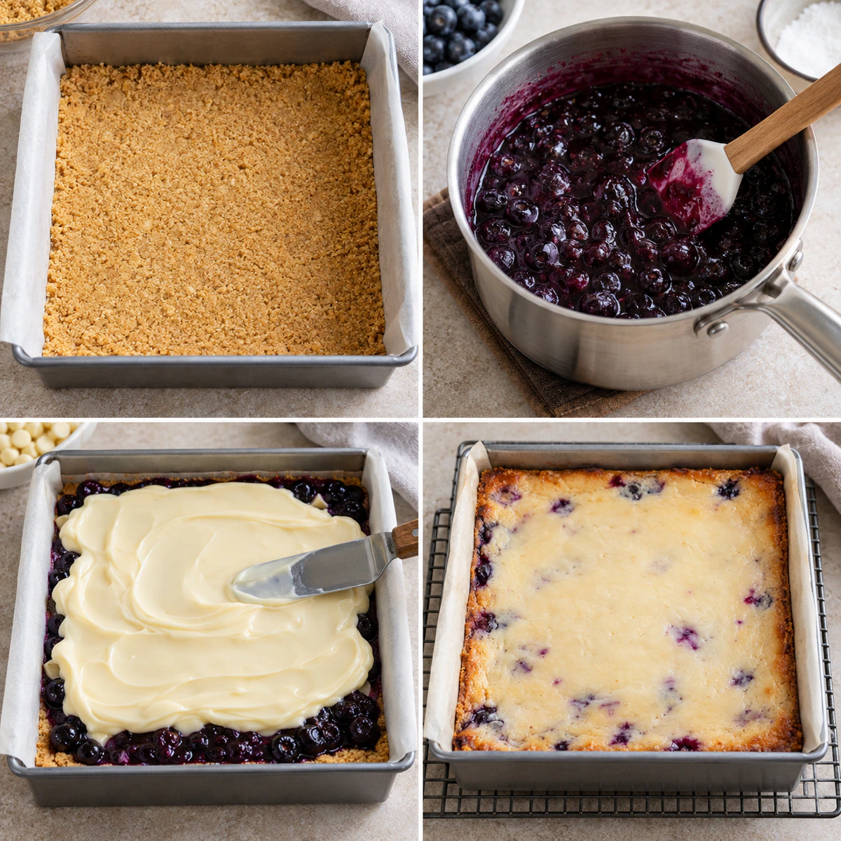 Four chronological preparation stages for Elegant White Chocolate Blueberry Bars