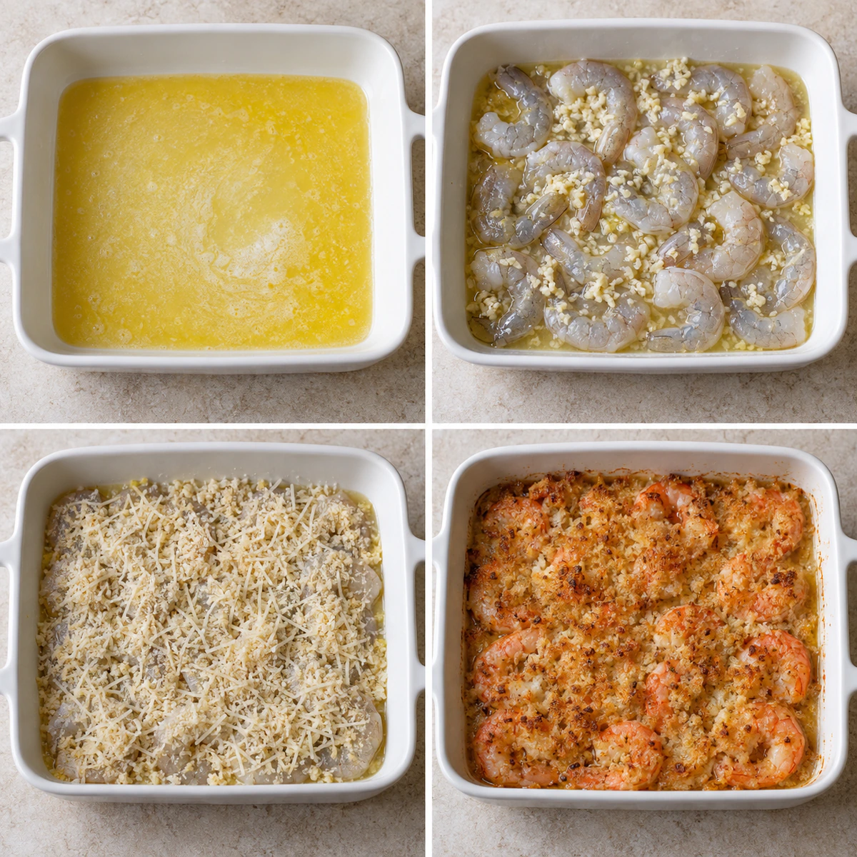 Four chronological preparation stages for Magic Crispy Baked Shrimp
