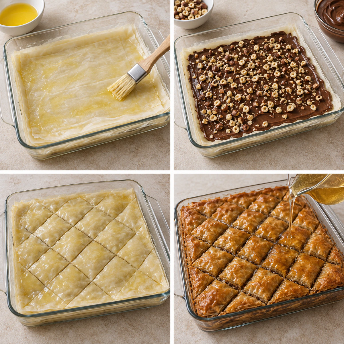 Four chronological preparation stages for Nutella Baklava