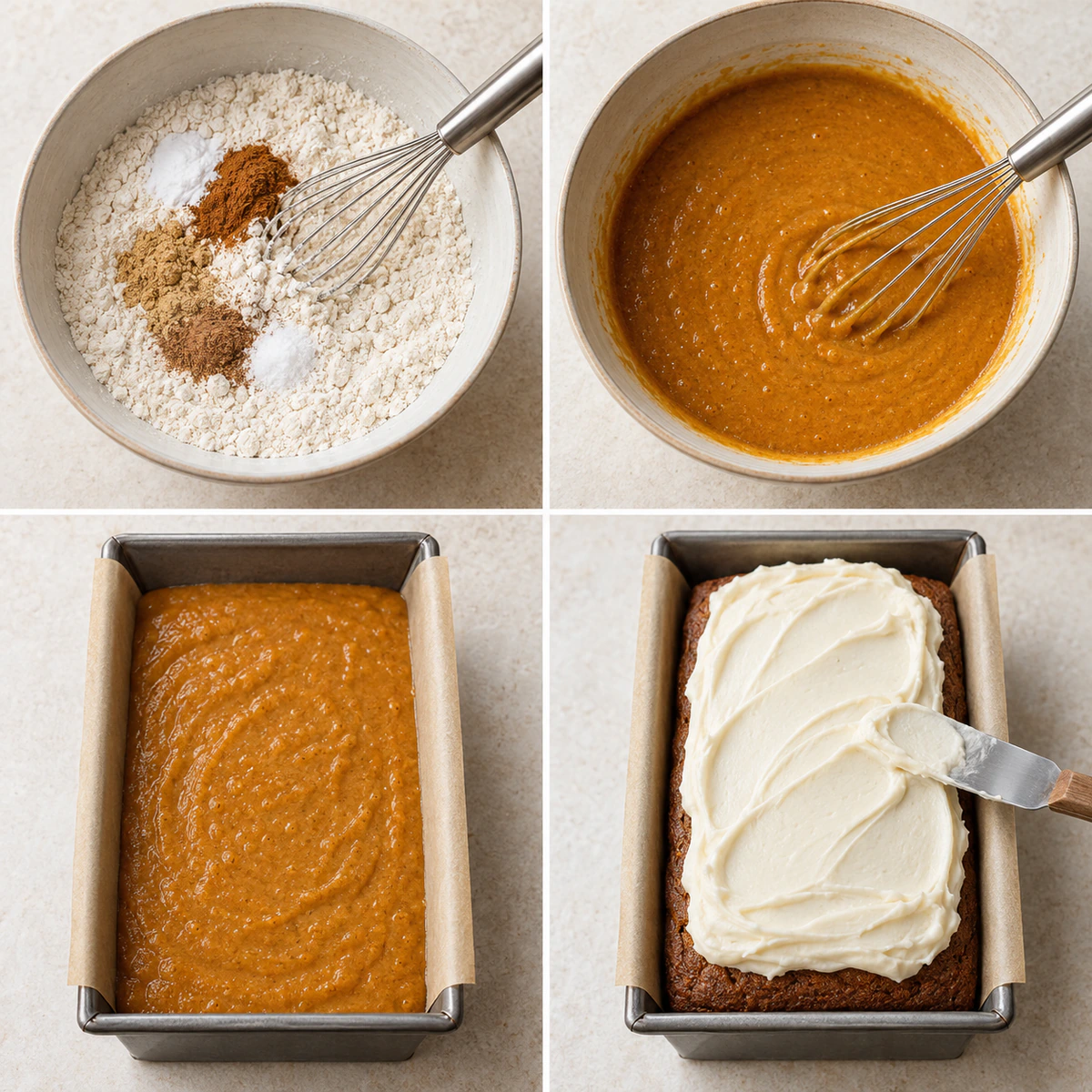 Four chronological preparation stages for Pumpkin Bread With Cream Cheese Frosting
