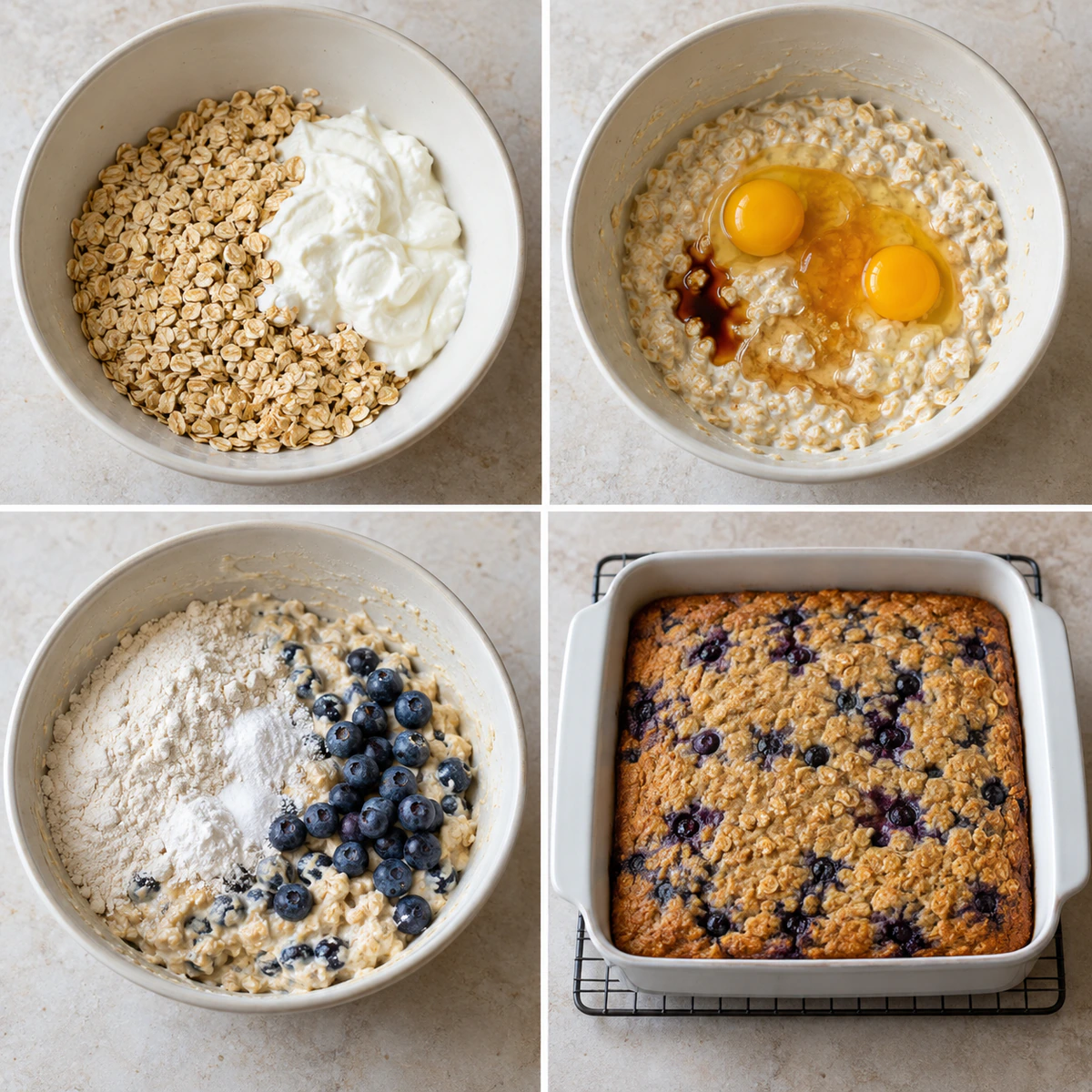 Four chronological preparation stages for Blueberry Breakfast Cake