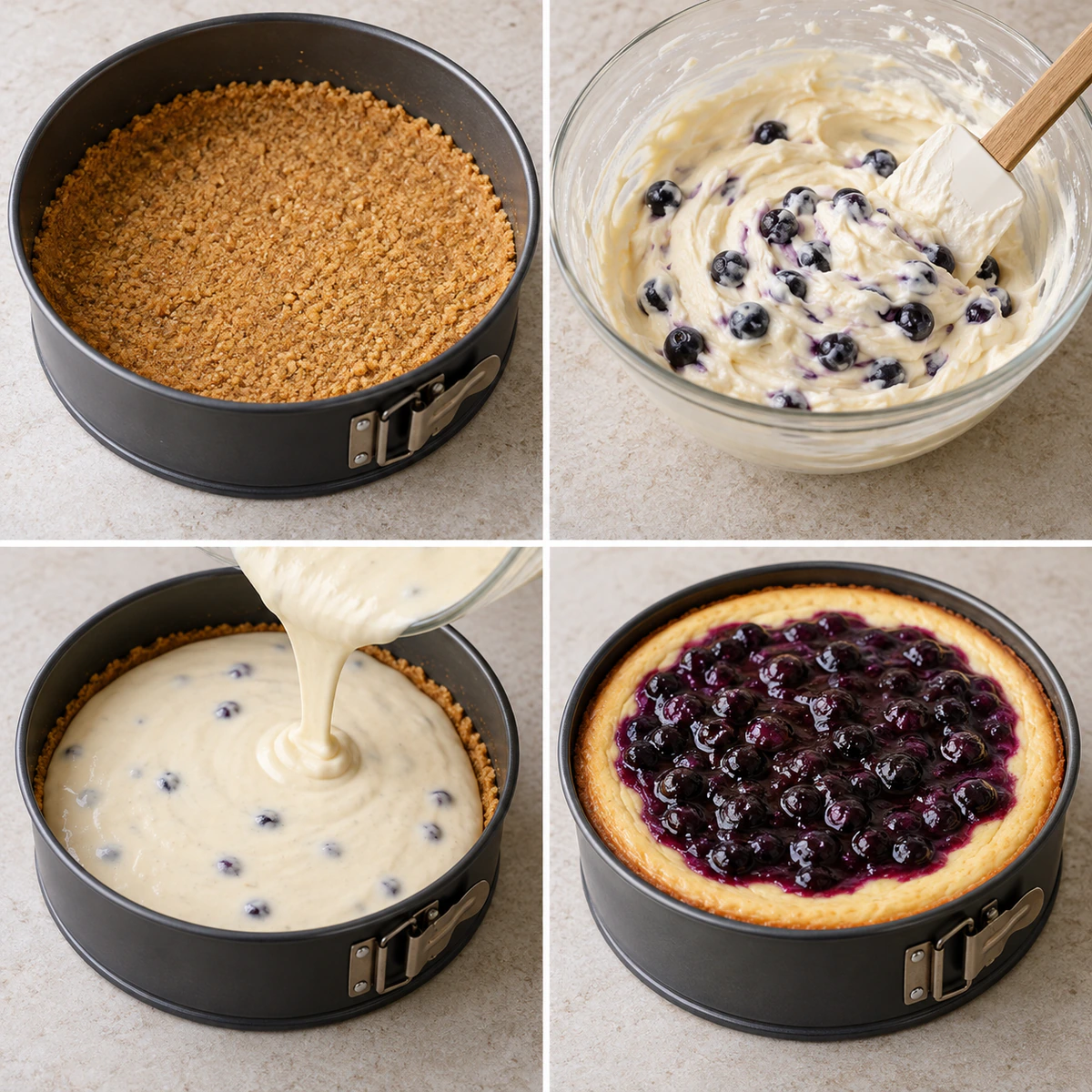 Four chronological preparation stages for Easy Blueberry Cheesecake