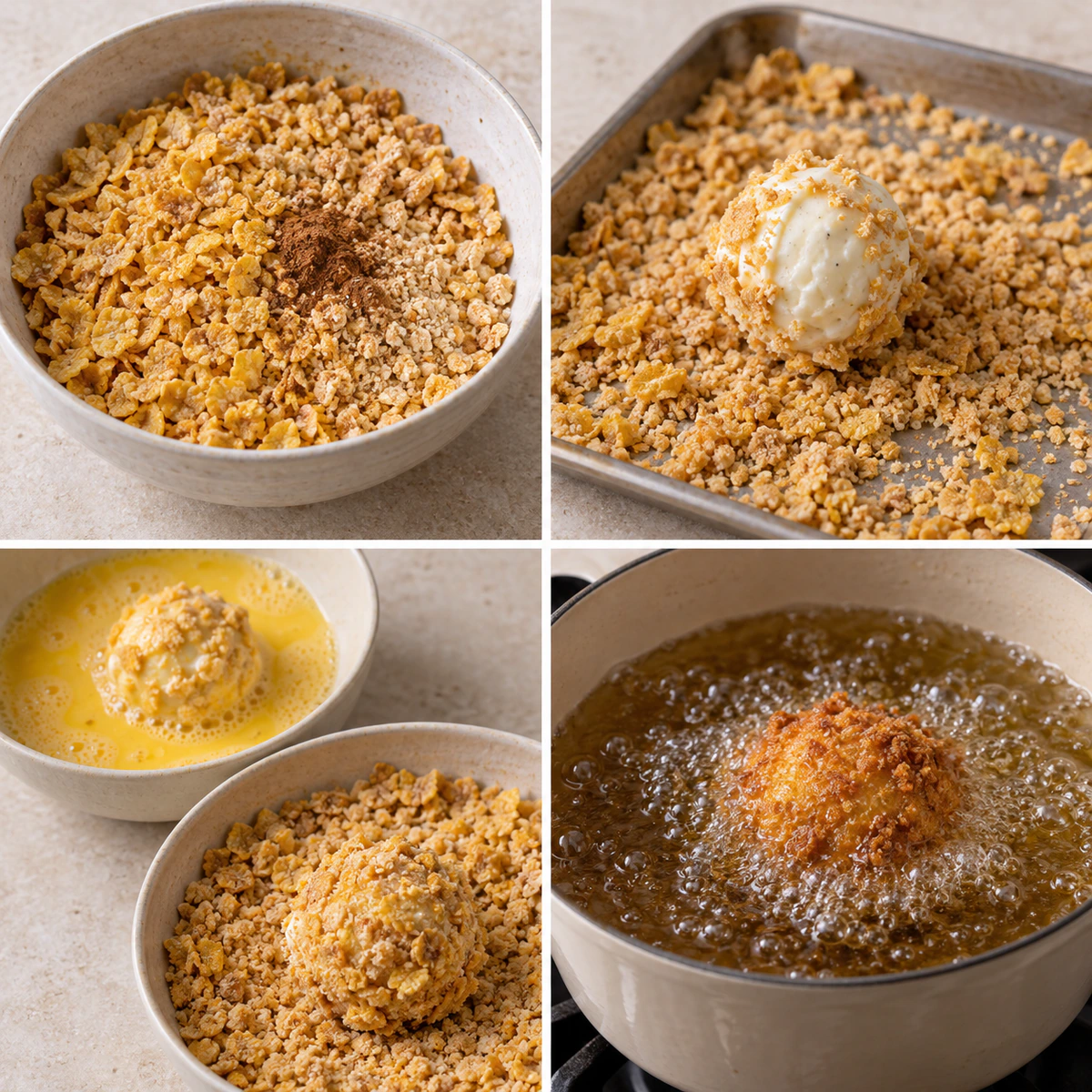 Four chronological preparation stages for Fried Ice Cream