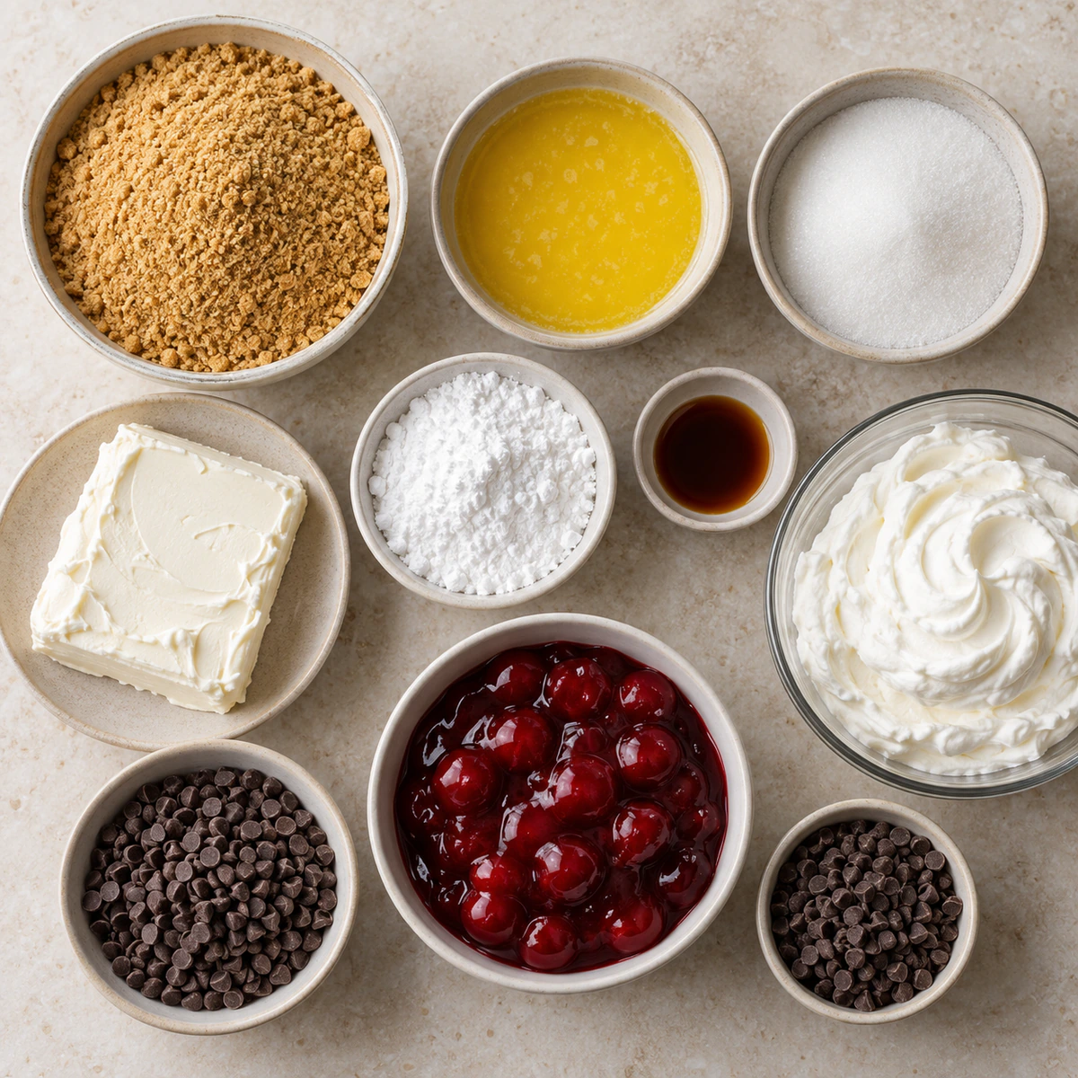 Exact measured ingredients for No-Bake Easy Cherry Chocolate Chip Pie