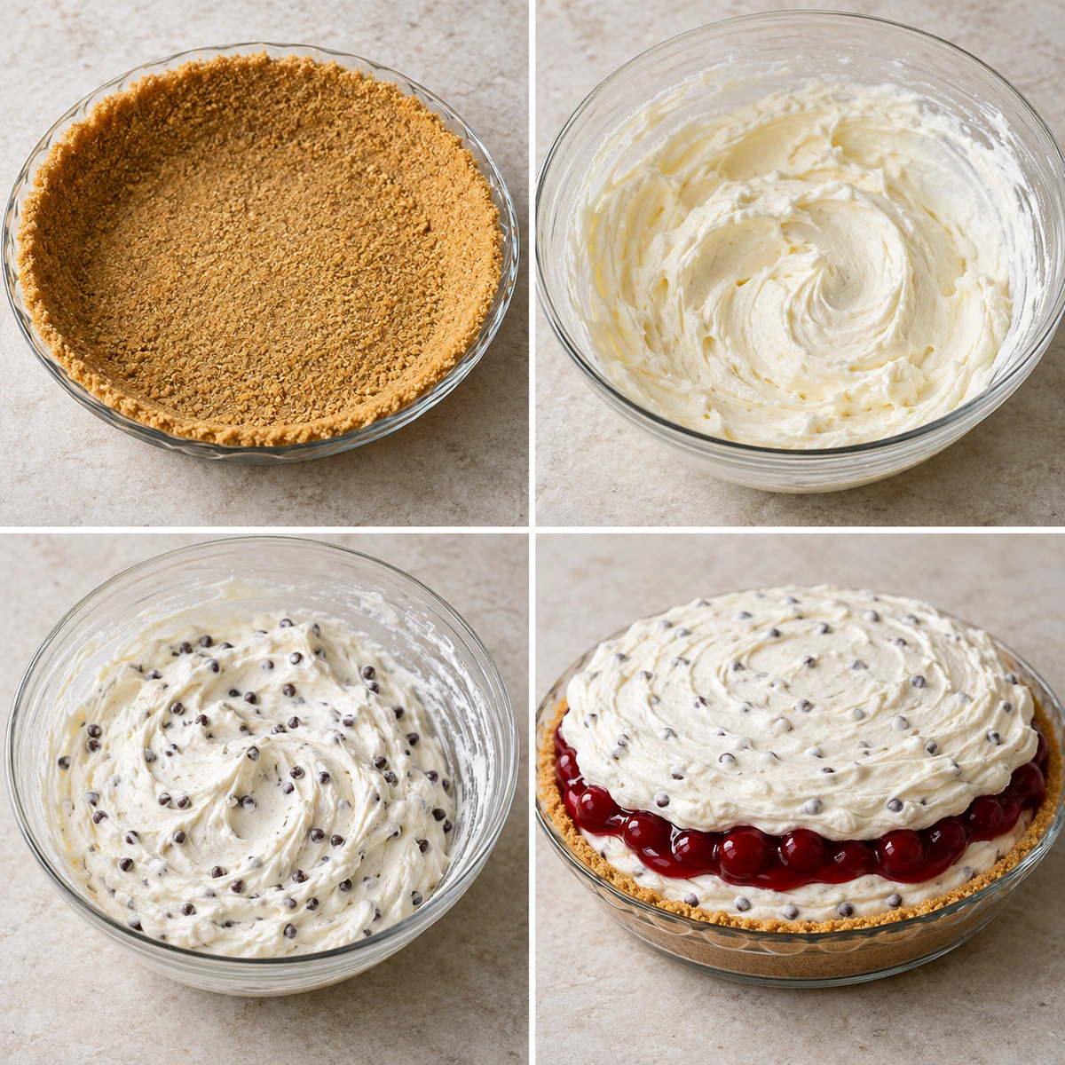 Four chronological preparation stages for No-Bake Easy Cherry Chocolate Chip Pie