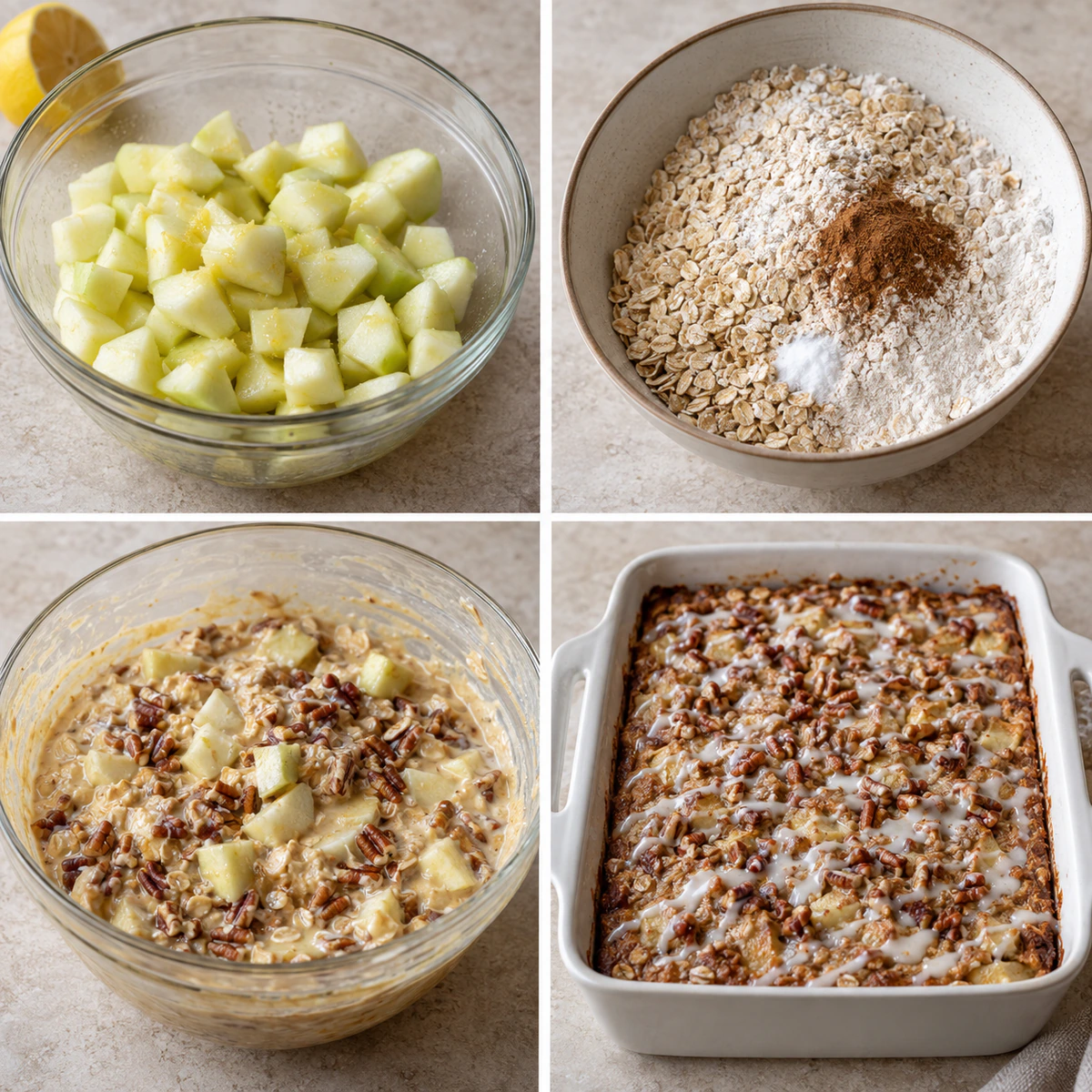 Four chronological preparation stages for Oatmeal Apple Breakfast Bake