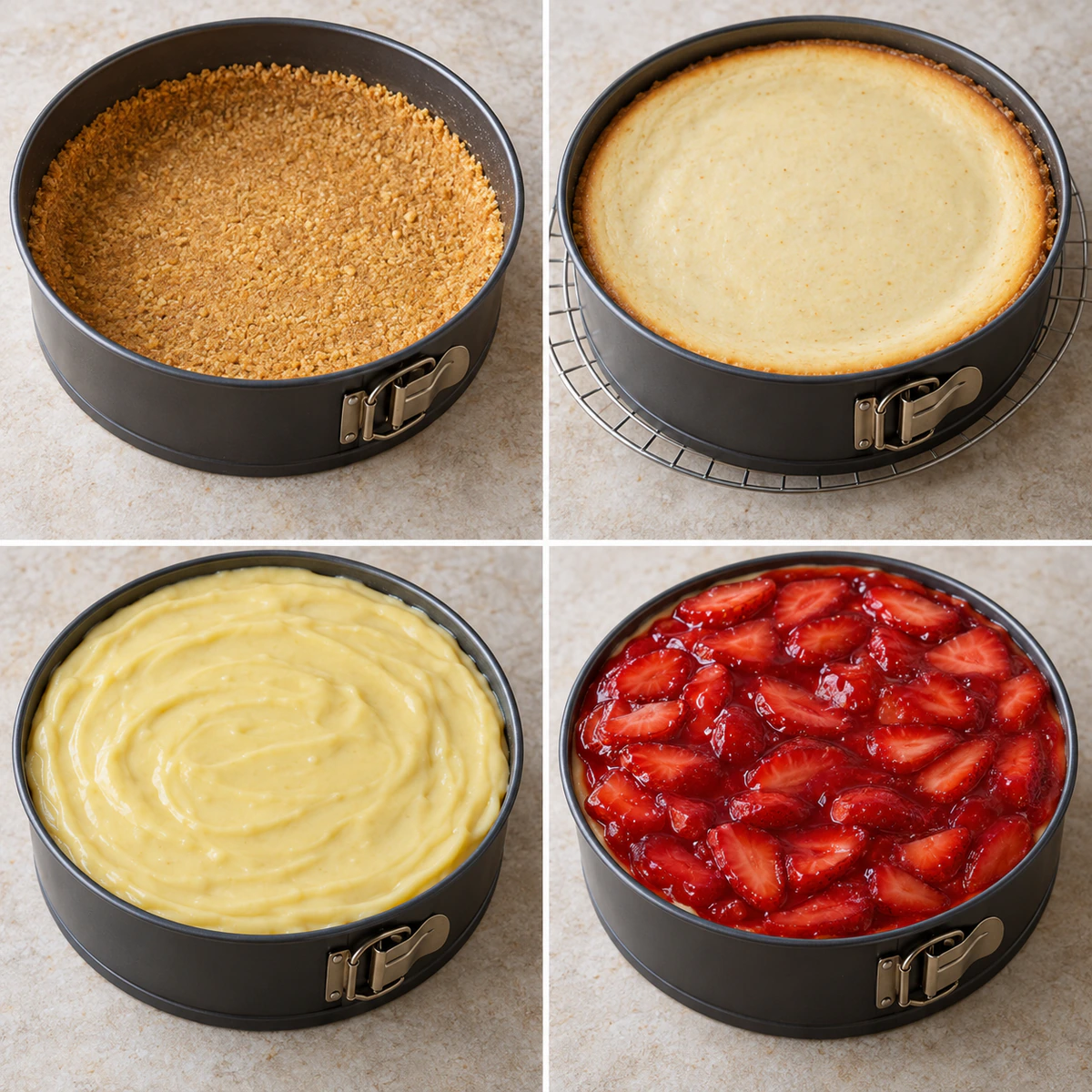 Four chronological preparation stages for Banana Pudding Strawberry Cheesecake