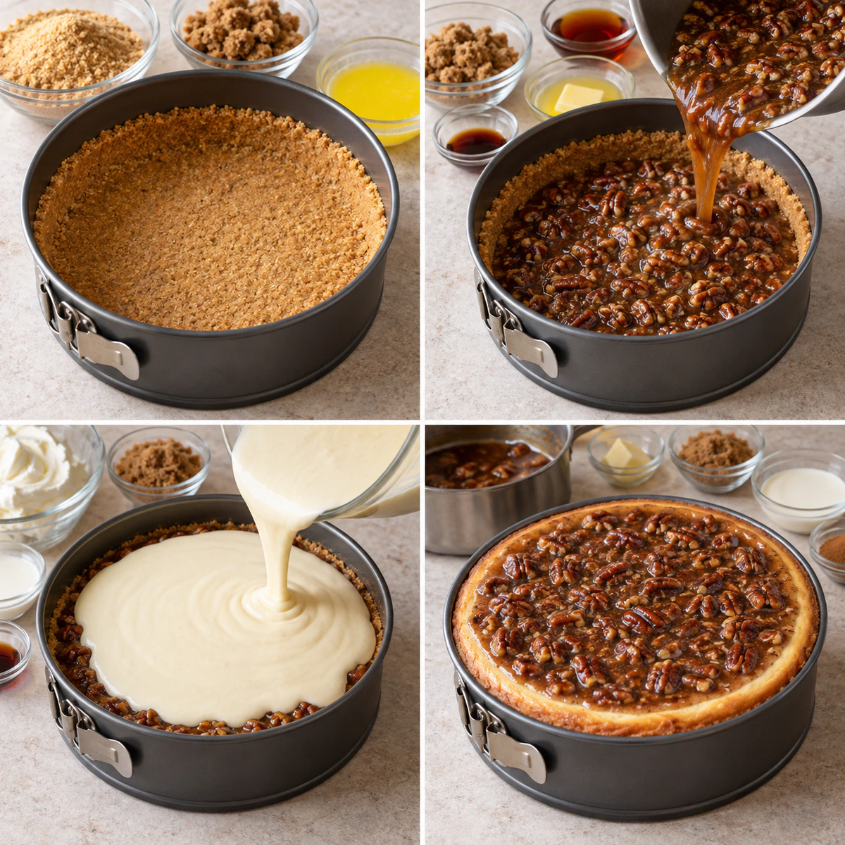 Four chronological preparation stages for Pecan Pie Cheesecake