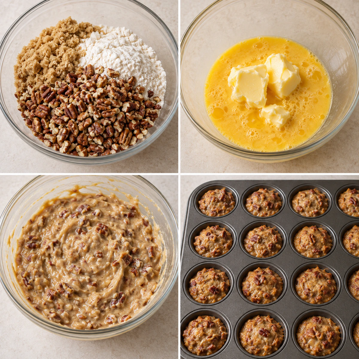 Four chronological preparation stages for Pecan Pie Muffins