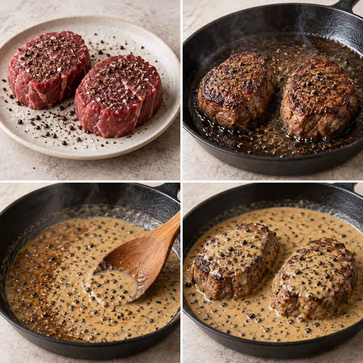 Four chronological preparation stages for Peppercorn Steak with Creamy Sauce