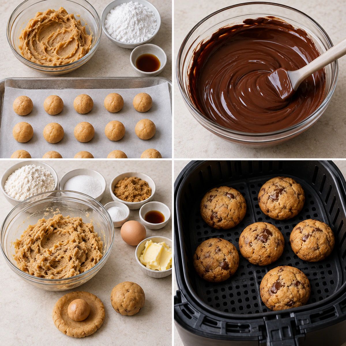 Four chronological preparation stages for Air Fryer Peanut Butter Lava Cookies