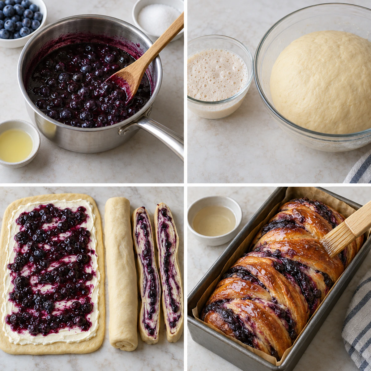 Four chronological preparation stages for Blueberry Cream Cheese Babka