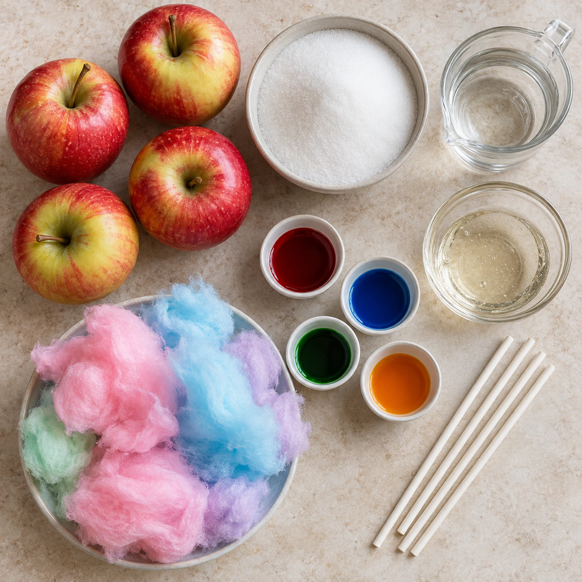 Exact measured ingredients for Colorful Candy Apples With Cotton Candy