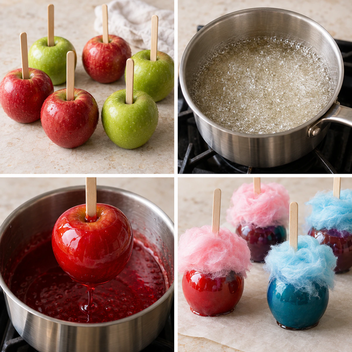 Four chronological preparation stages for Colorful Candy Apples With Cotton Candy