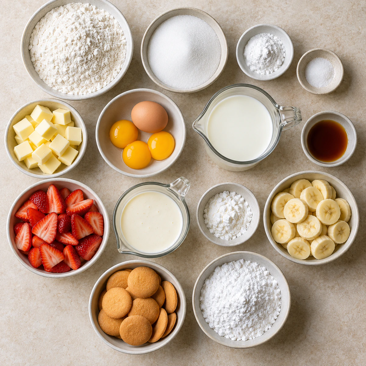 Exact measured ingredients for Half Strawberry Shortcake, Half Banana Pudding Cake