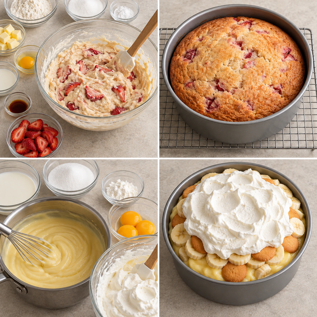 Four chronological preparation stages for Half Strawberry Shortcake, Half Banana Pudding Cake