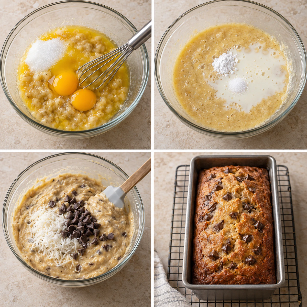 Four chronological preparation stages for High Protein Banana Bread