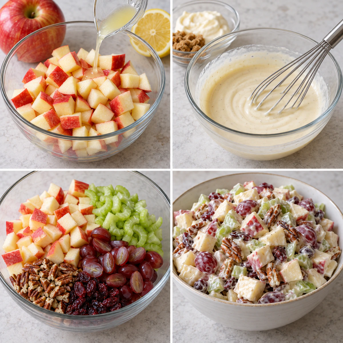Four chronological preparation stages for Apple Salad
