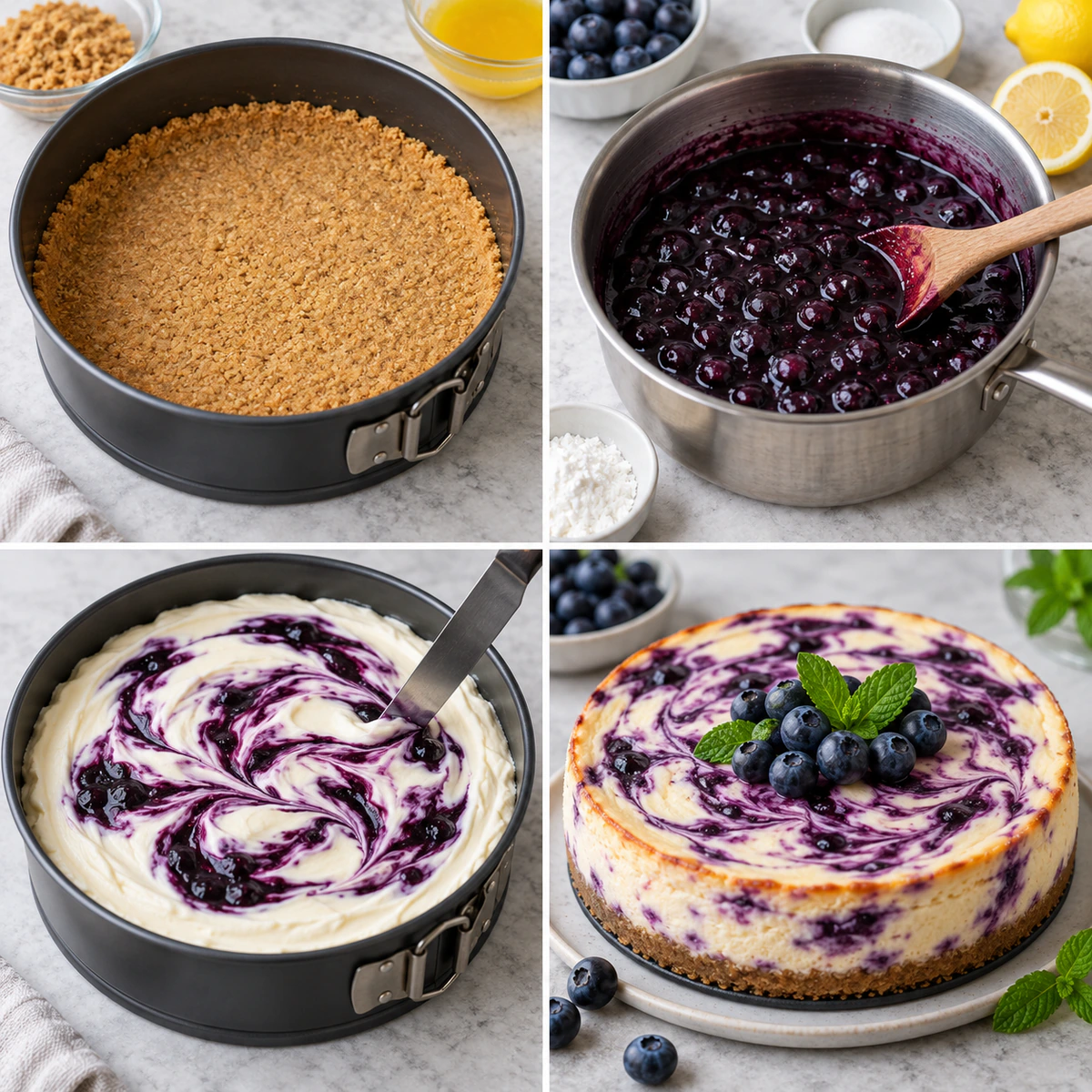 Four chronological preparation stages for Irresistible Blueberry Dream Cheesecake