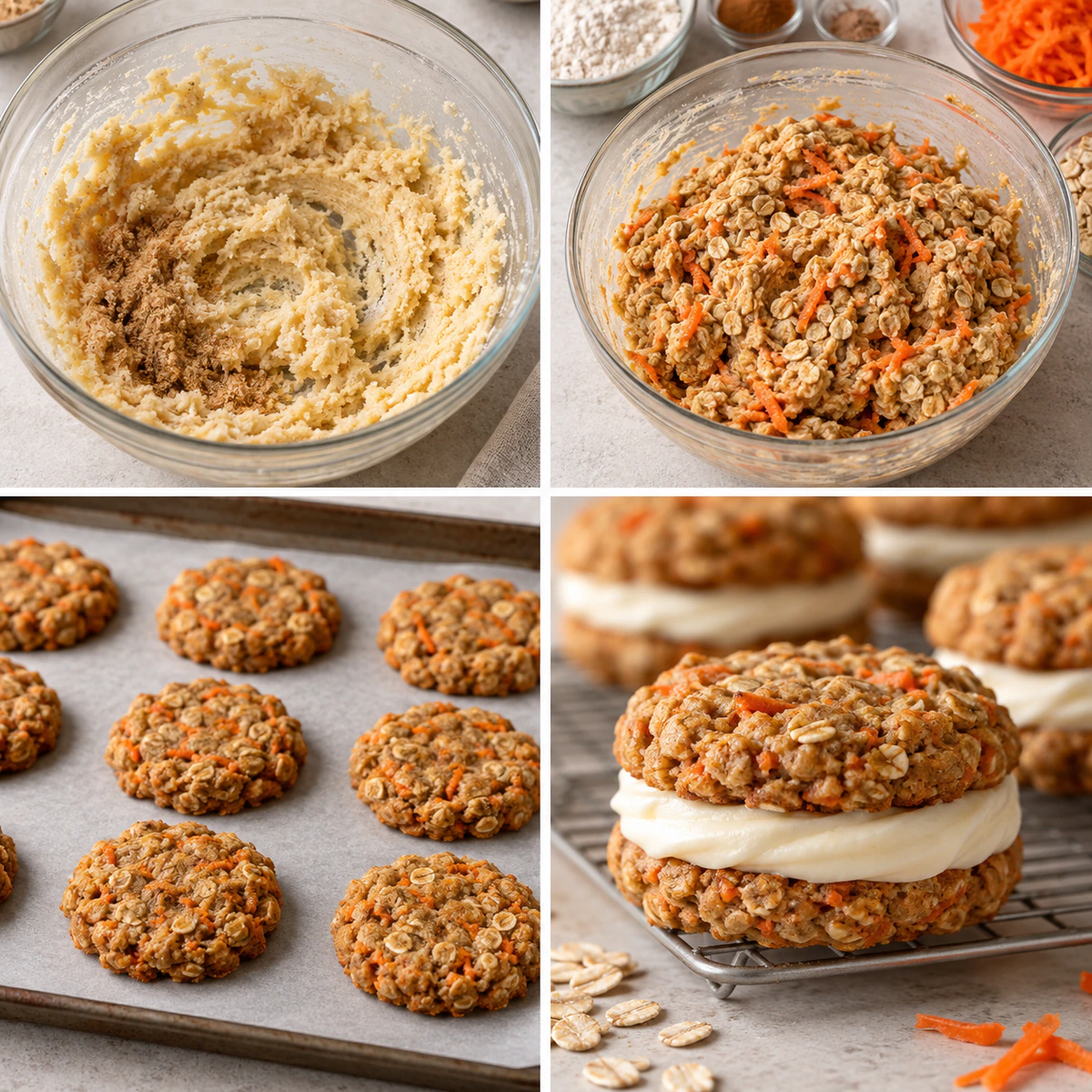 Four chronological preparation stages for Carrot Cake Oatmeal Cream Pies