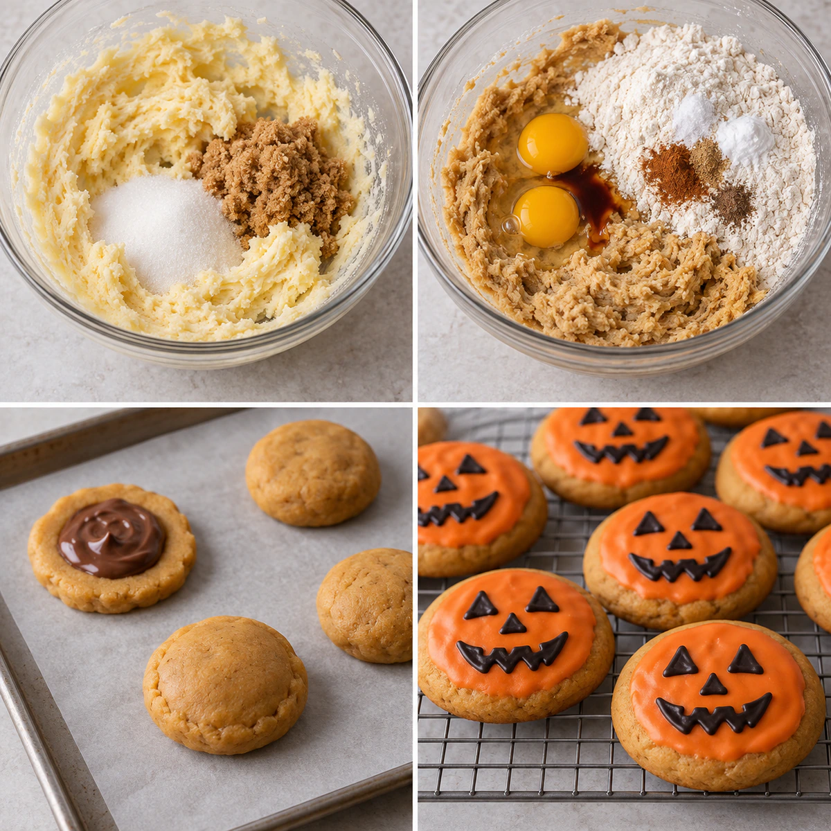 Four chronological preparation stages for Milk Chocolate Stuffed Jack-o-lantern Cookies