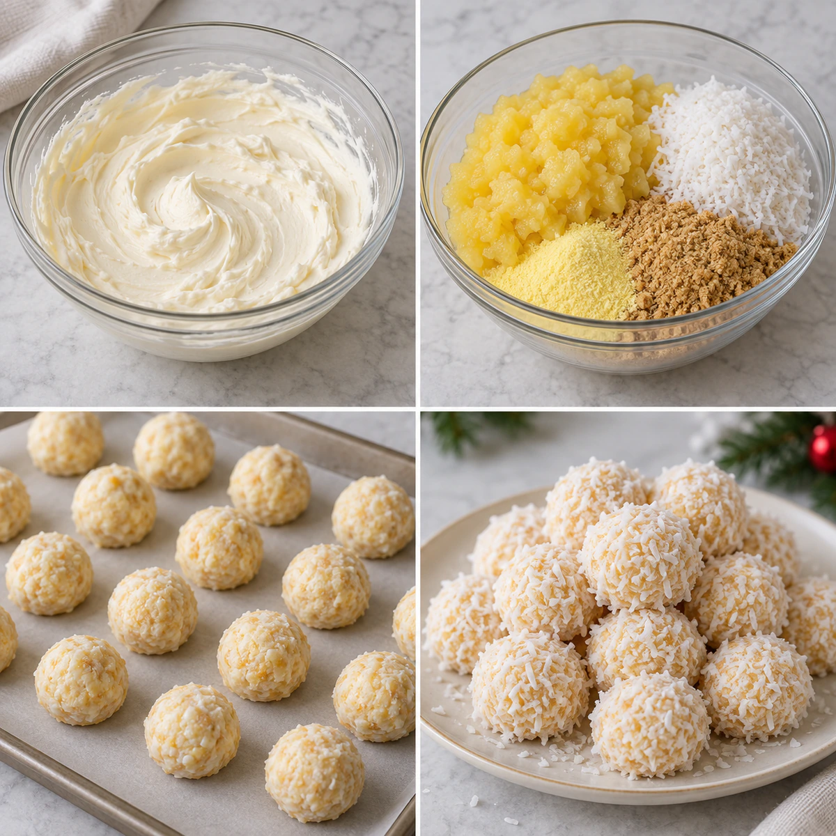 Four chronological preparation stages for Pineapple Christmas Balls