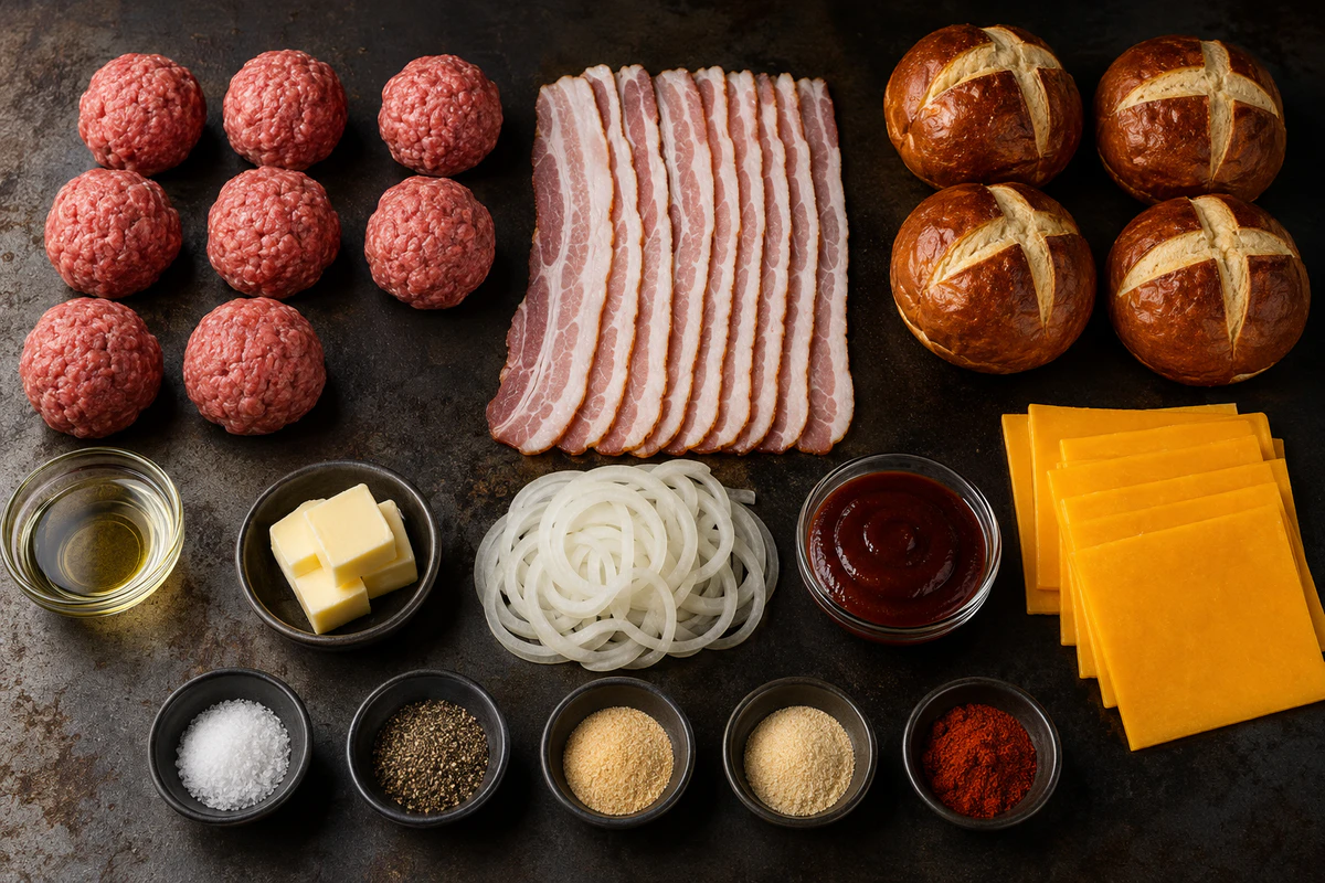 Ground beef portions, bacon, butter, onions, oil, barbecue sauce, cheddar, buns, and seasonings