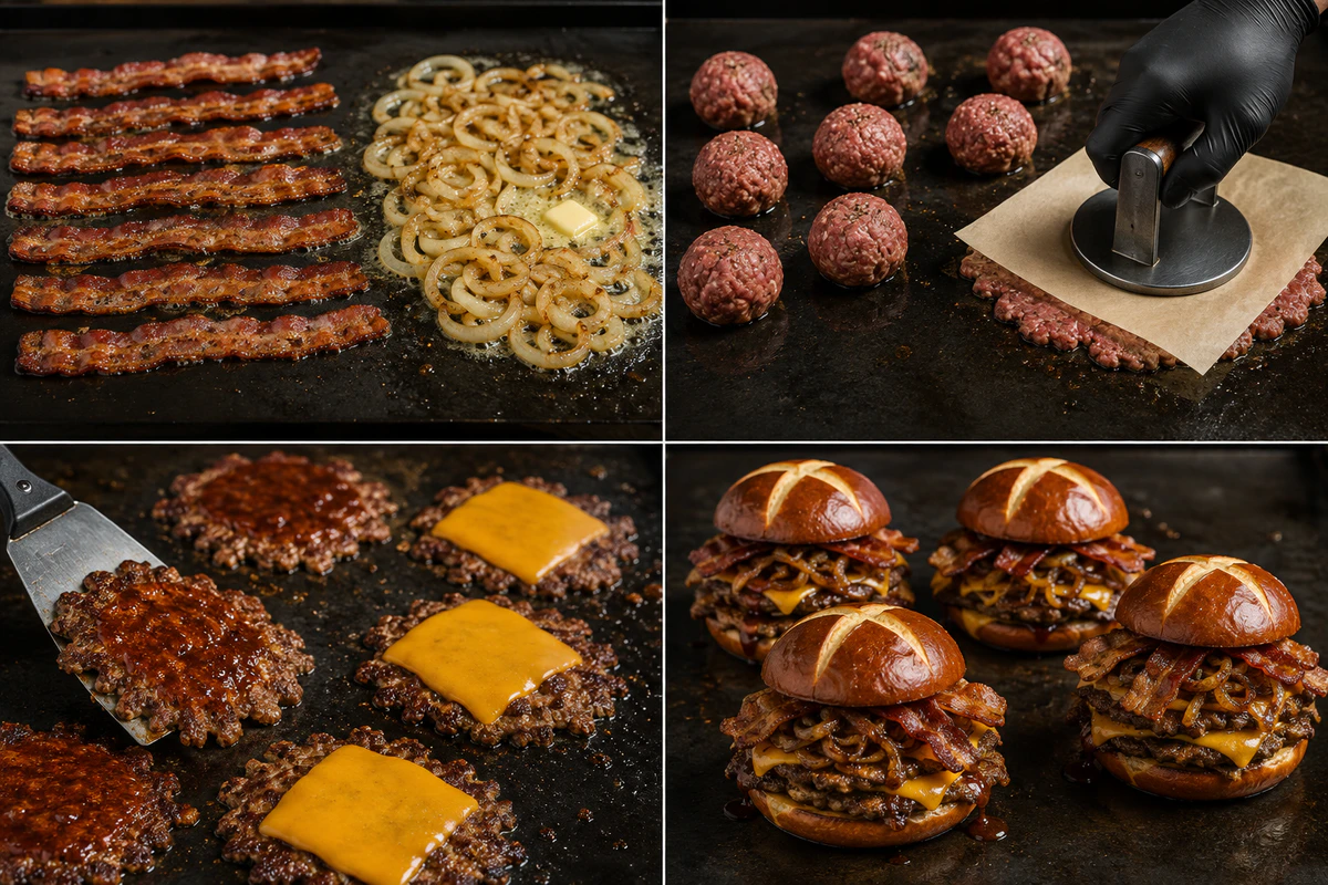 Four stages showing bacon and onions, beef being smashed, sauced cheeseburgers, and assembled burgers