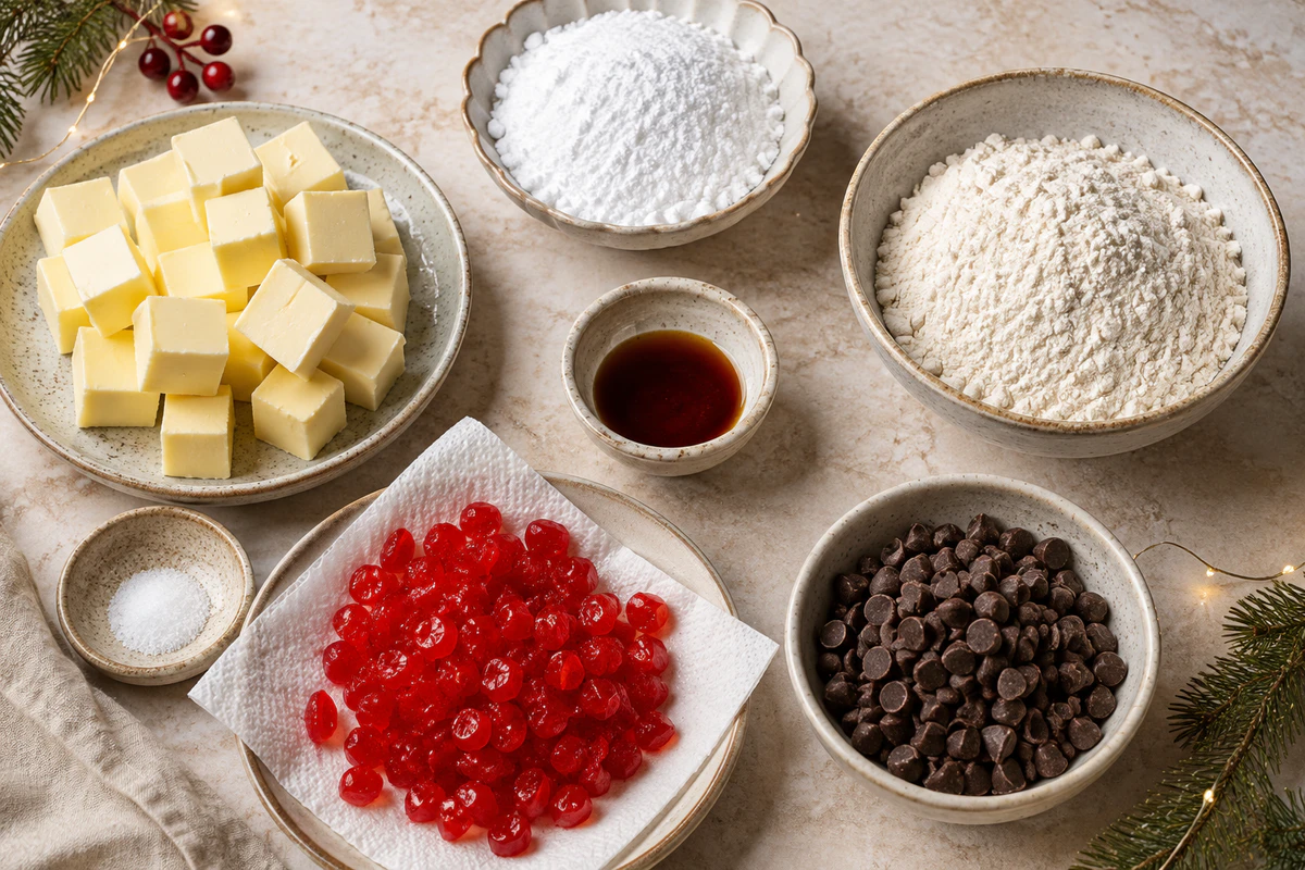 Butter, powdered sugar, vanilla, flour, salt, drained maraschino cherries, and chocolate chips