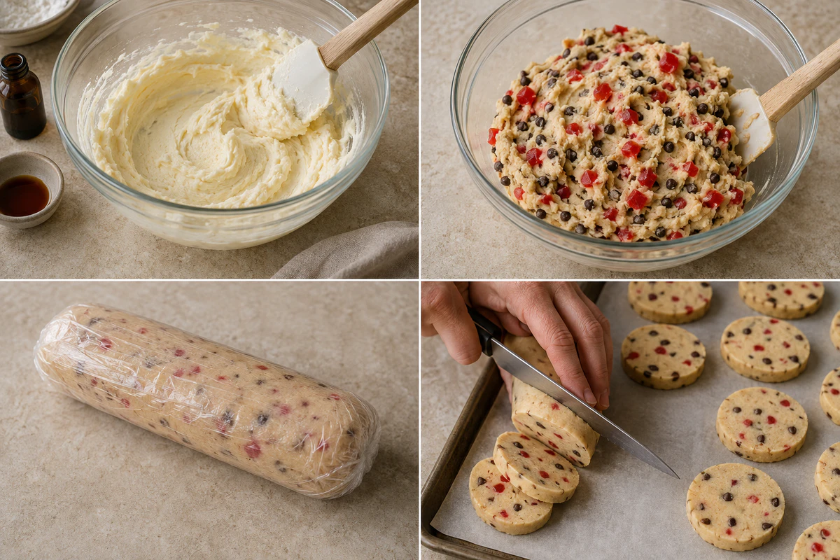 Four stages showing creamed shortbread base, cherry chocolate dough, a chilled dough log, and sliced cookies