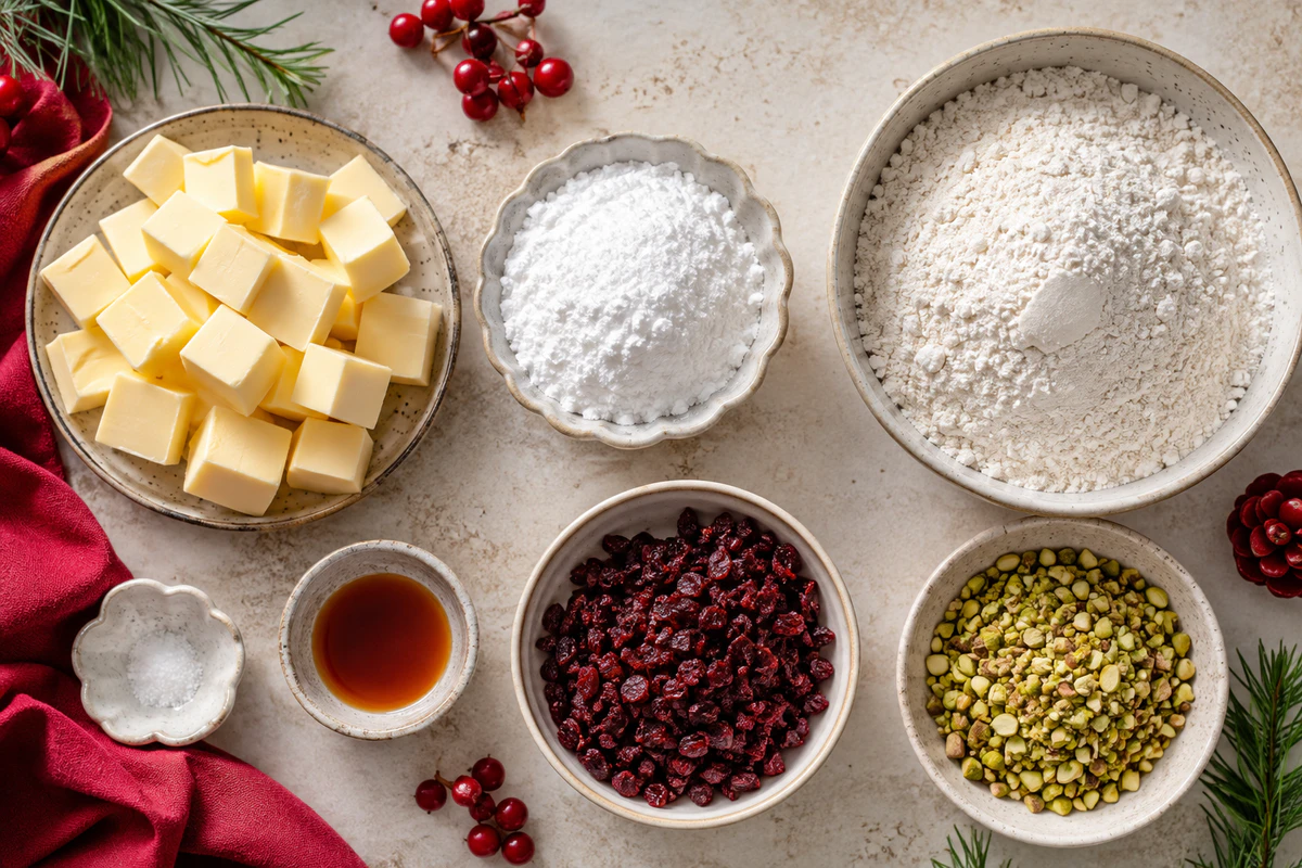 Butter, powdered sugar, vanilla, salt, flour, dried cranberries, and pistachios for shortbread cookies
